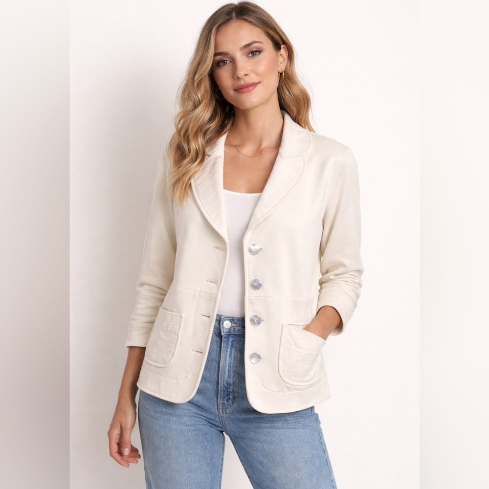 NEON BUDDAH Cream Cotton Knit Button-Front Jacket Soft Tailored Casual Blazer M